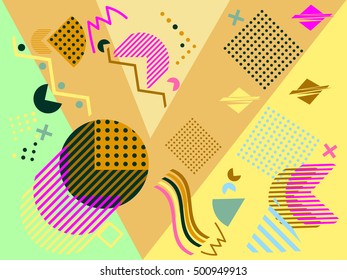 Geometric elements in the Memphis style, colorful geometric chaos. Retro 80s style. Vector illustration.