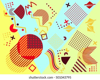 Geometric elements in the Memphis style, colorful geometric chaos. Retro 80s style. Vector illustration.