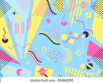 Geometric elements in the Memphis style, colorful geometric chaos. Retro 80s style. Vector illustration.