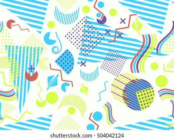 Geometric elements in the Memphis style, colorful geometric chaos. Retro 80s style. Vector illustration.