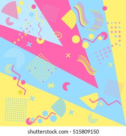Geometric elements in the Memphis style, colorful geometric chaos. Retro 80s style. Vector illustration.