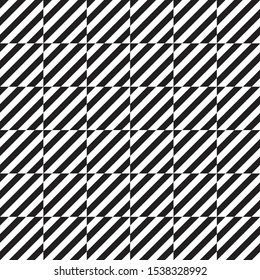 Geometric elements pattern. Design template with black and white diagonal inclined lines. Linear herringbone background, texture, wallpaper. Striped stylish psychedelic print on textile, fabric, tile.