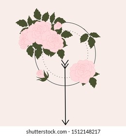 Geometric elements and pink rose bouquet, illustration, perfect to use on the web or in print for surface design