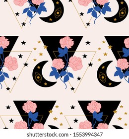 Geometric elements, pink roses and celestials, in a seamless pattern design,perfect to use on the web or in print