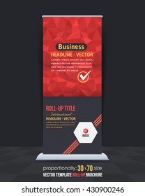 Geometric Elements, Red Colors Low Poly Style Roll-Up Banner, Advertising Vector Background Design