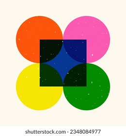 Geometric elements risograph effect. Simple circle square objects, abstract duotone shapes riso print. Vector illustration