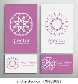 Geometric elements set for logo, icon, label or invitation design. Business cards set. Simple round shape, mandala ornament collection. Isolated stylized flowers, floral symbol, tribal ethnic motif