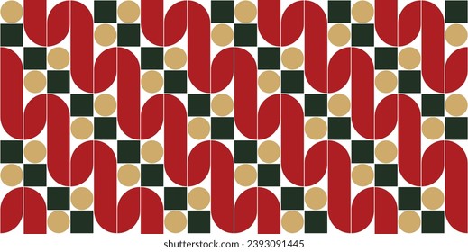 Geometric elements shapes  pattern for Christmas and New Year holidays. Seamless pattern of modern Batik Parang Indonesia in Red Green Gold color. Vector illustration. Landscape abstract background.