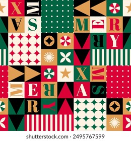 Geometric elements with typography design seamless grid pattern for christmas holidays celebration.  