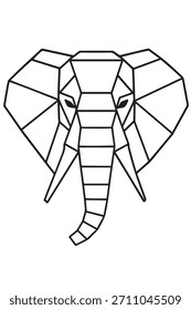 Página para colorear de cabeza de elefante geométrica. Vector de arte de línea de retrato animal africano de baja poli