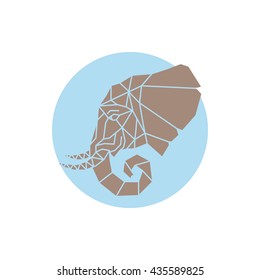Geometric elephant head made of triangle shapes. Brown elephant on blue background. Vector illustration. Mammoth head. 