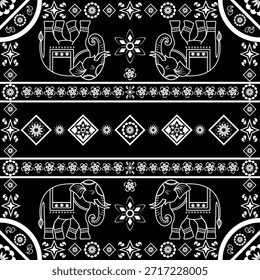 Geométrico Elefante Sin Costuras Frontera Gráfico Thai Elefante Tela Patrón Negro Blanco Étnico Mandala Vector