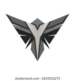 Um emblema geométrico é centrado em um fundo branco. O emblema é composto de várias formas geométricas cinzentas e pretas. As formas são organizadas em um padrão simétrico 