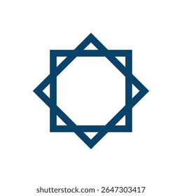 A geometric emblem dominates the scene, centered against a stark white background. The emblem is a stylized eight-pointed star, constructed from a thick, uniform line of deep blue. 