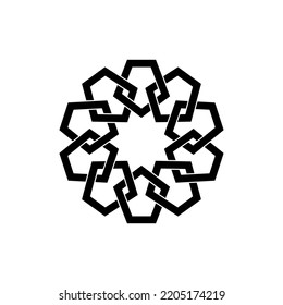 Diseño de plantillas de emblema geométrico con elementos superpuestos. Motivo islámico. Mandala de patrón geométrico al estilo árabe, logo negro aislado en un fondo blanco. Ilustración del vector