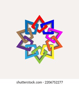 Geometric emblem template design with overlapping elements. Islamic motif. Celtic knot. Geometric pattern mandala in Arabic style, colorful logo isolated on a white background. Vector illustration