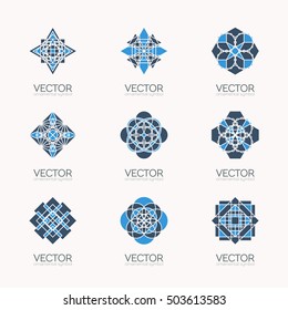 Geometric emblems set. Vector mosaic arabic ornamental symbols