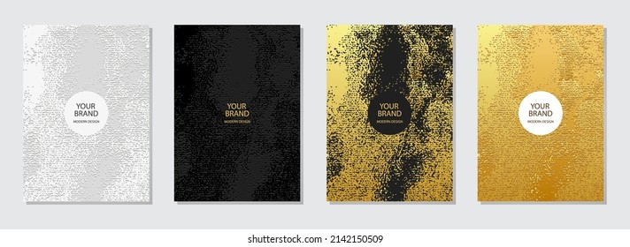 Geometric embossed backgrounds with 3D pattern. Golden grunge texture. Collection of vertical templates. Set of cover designs for brochure, catalog, book, poster, flyer, invitation design.
