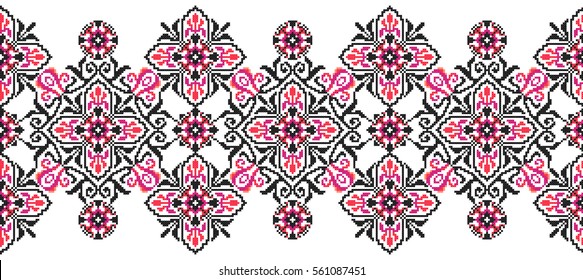 geometric embroidered good like old handmade cross-stitch ethnic Ukraine pattern. Ukrainian towel with ornament, rushnyk called, in vector