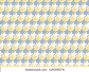 Geometric embroidery pattern cross stitch background square elements motif abstract minimalist fabric print classy dogtooth ornament graphic style. Casual repeating textile design, white, blue colour