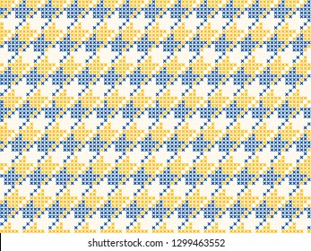 Geometric embroidery pattern cross stitch background square elements motif abstract minimalist fabric print classy dogtooth ornament graphic style. Casual repeating textile design, white, blue colour