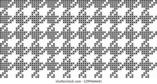 Geometric embroidery pattern cross stitch background square elements motif abstract minimalist fabric print classy dogtooth ornament graphic style. Casual repeating textile design, white, black colour