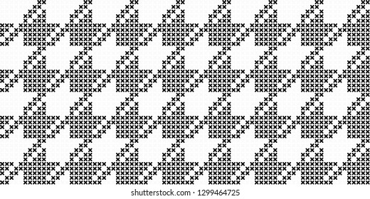 Geometric embroidery pattern cross stitch background square elements motif abstract minimalist fabric print classy dogtooth ornament graphic style. Casual repeating textile design, white, black colour