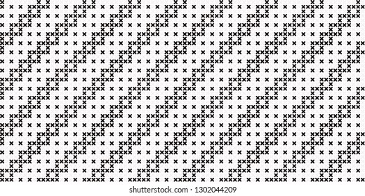 Geometric embroidery pattern cross stitch background square elements motif abstract minimalist fabric print classy ornament grid graphic style. Casual repeating textile design, white, black colors.