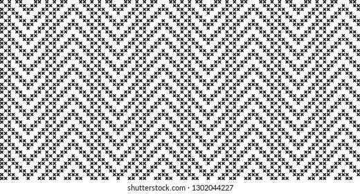 Geometric embroidery pattern cross stitch background zig zag element motif abstract minimalist fabric print classy dogtooth ornament graphic style. Casual repeating textile design, white, black colour