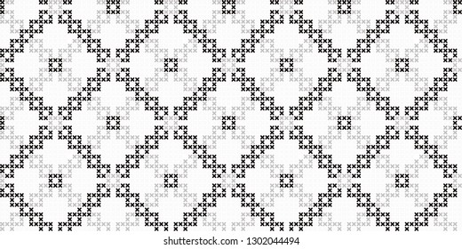 Geometric embroidery pattern cross stitch background square elements motif abstract minimalist fabric print classy ornament grid graphic style. Casual repeating textile design, white, black colours.