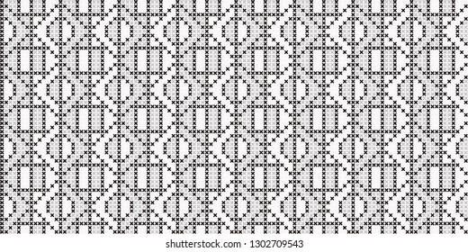 Geometric embroidery pattern cross stitch background square circle elements motif abstract minimalist fabric print classy ornament graphic style. Casual repeating textile design, white, black colors.