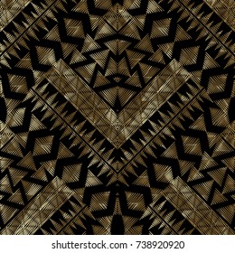 Geometric embroidery seamless pattern.  Grunge modern black gold background. Ornate tapestry wallpaper. Surface vector texture with geometric  embroidered shapes, stripes, rhombus, triangles, figures