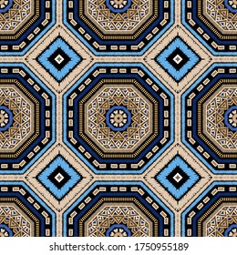 Geometric embroidery tribal seamless pattern. Colorful tapestry ethnic vector background. Elegant decorative design. Beautiful textured ornaments. Geometric grunge shapes, rhombus, frames, zig zag.