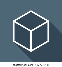 Geometric empty cube. Simple outline icon. White flat icon with long shadow on background
