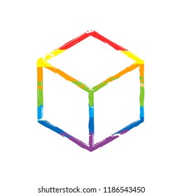 Geometric empty cube. Simple outline icon. Drawing sign with LGBT style, seven colors of rainbow (red, orange, yellow, green, blue, indigo, violet