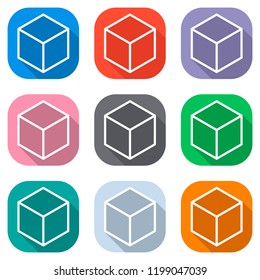 Geometric empty cube. Simple outline icon. Set of white icons on colored squares for applications. Seamless and pattern for poster