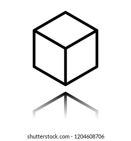 Geometric empty cube. Simple outline icon. Black icon with mirror reflection on white background