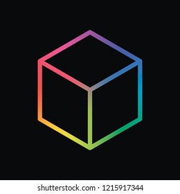 Geometric empty cube. Simple outline icon. Rainbow color and dark background
