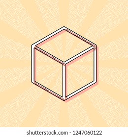 Geometric empty cube. Simple outline icon. Vintage retro typography with offset printing effect. Dots poster with comics pop art background