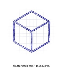 Geometric empty cube. Simple outline icon. Hand drawn sketched picture with scribble fill. Blue ink. Doodle on white background