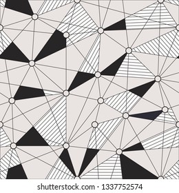 Geometric endless background with striped triangles, round shapes connected with lines. Monochrome grid seamless pattern.