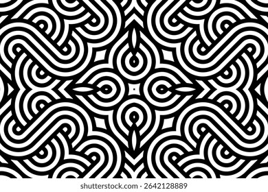 Geometric ethnic abstract black white pattern. Template, stencil for laser cutting metal, wood carving, coloring, stained glass, logo. Ornaments, fresco, tiles of the East, Asia, India, Mexico, Aztec.