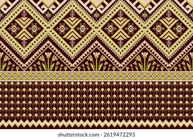 Geometric Ethnic and Abstract Floral Pattern, Detailed Repeat Pattern, Pixel Art, Cross Stitch Design, Flowers, Earth Tone Color, Symmetry, Tribal, Cultural, Boho, for textile, print fabric, wallpaper