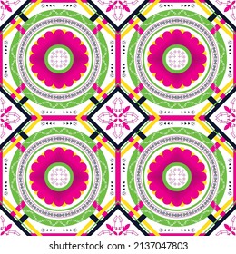 Geometric ethnic Aztec seamless pattern design. Design for background, wallpaper, carpet, fabric, clothing, scarf, handkerchief. Flowers pattern. Vector illustration.