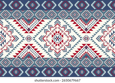 Geometric Etnic asteca tradicional padrão sem emenda tribal Ornamento tribal vermelho branco no fundo azul Design para fundo, tapete, papel de parede, envoltório, pano, tecido, têxtil, decorativo, estilo de bordado