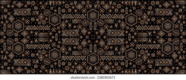 Geometric ethnic backdrop. Bright orange and black art decoration illustration. Vector tribal cover background, decorative african seamless,