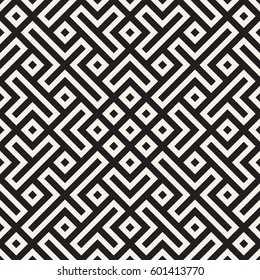 Geometric Ethnic Background With Symmetric Lines Lattice. Stylish Monochrome Texture. Vector Abstract Seamless Pattern.
