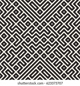 Geometric Ethnic Background With Symmetric Lines Lattice. Stylish Monochrome Texture. Vector Abstract Seamless Pattern.