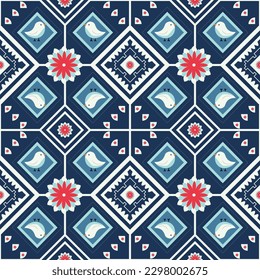 Diseño asiático de patrones geométricos de aves étnicas para alfombras, ropa, tela, batik, knitwear, bordado, Ikkat, patrón de píxeles.
