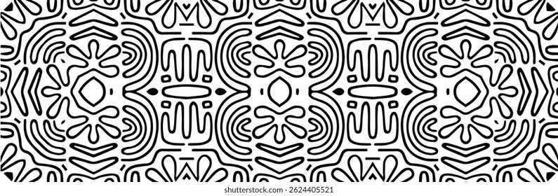 Geometric ethnic black pattern on white background, zentangle. Banner. The template is suitable for laser cutting of metal, wood carving, coloring. Stencil for carving, paper design, stained glass.